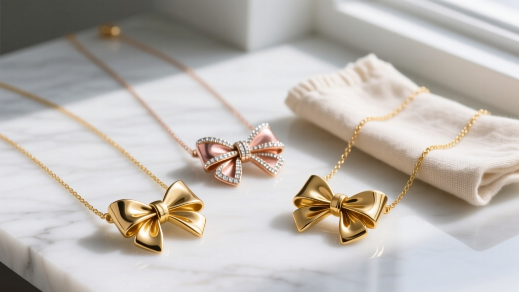 Flat lay of three bow necklaces in brass, vermeil, and solid gold on a marble surface next to a jewelry polishing cloth.
