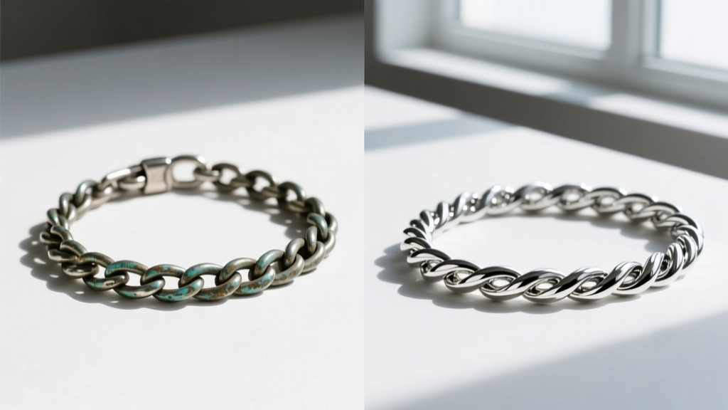 Split view of a bare 925 Italy silver Figaro chain with patina next to a brightly rhodium-plated Italian silver rope chain