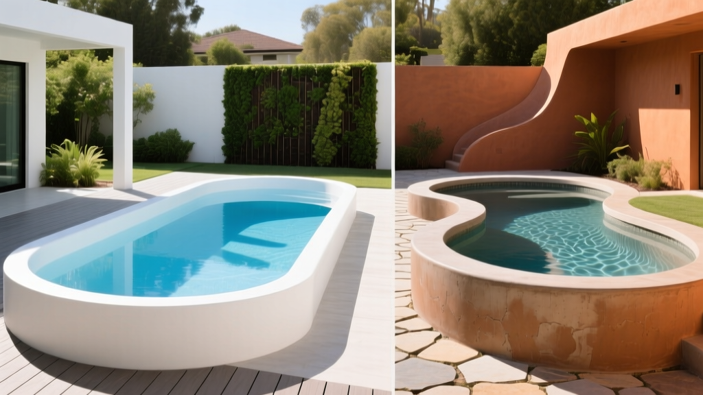 Split backyard rendering showing a smooth white fiberglass pool shell on the left and a poured gunite concrete pool on the right
