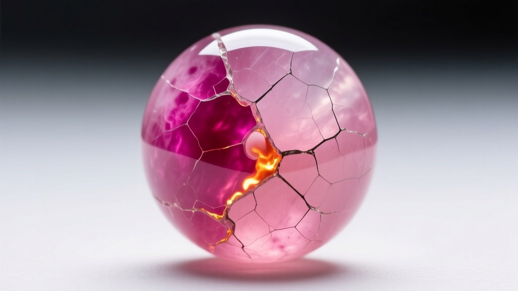 Macro photography of a dyed vibrant pink jade bead showing concentrated dye pooling in microscopic surface fractures and cracks