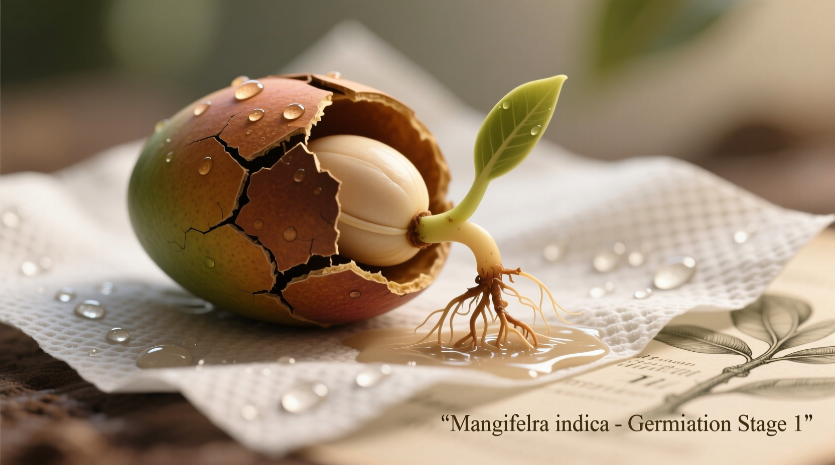 Mango seed sprouting in paper towel