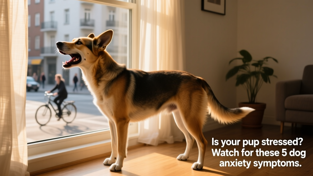 Side view of a dog standing by a window, barking toward the street, tail low and body tense