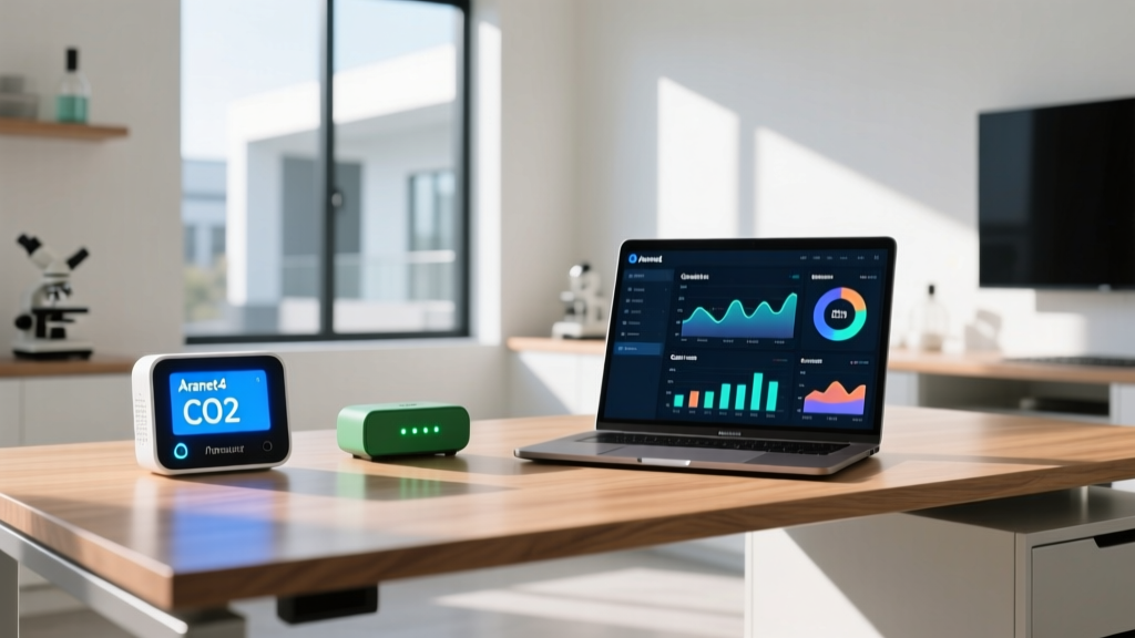 A sleek home laboratory desk featuring an Aranet4 CO2 monitor, a Home Assistant Green hub, and a laptop displaying Grafana dashboards.