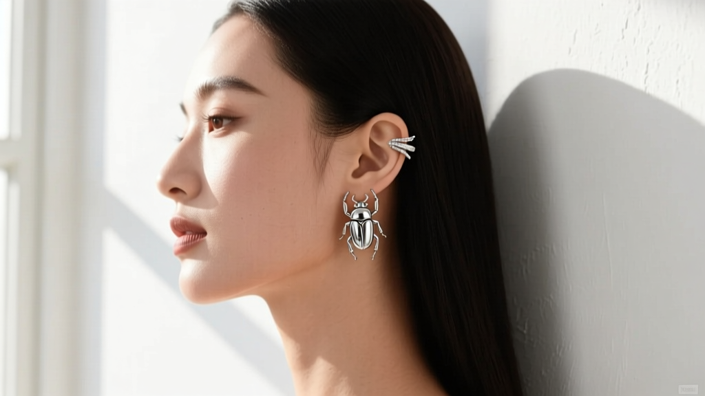 Side profile of a woman wearing a silver scarab ear crawler on her helix cartilage, lit by soft, warm natural window lighting.