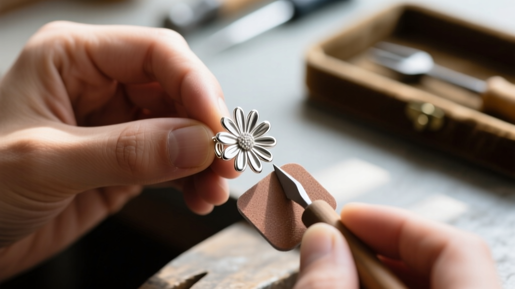 Jeweler using a 400-grit sanding pad to smooth the sharp cast parting line on the edge of a sterling silver daisy petal earring