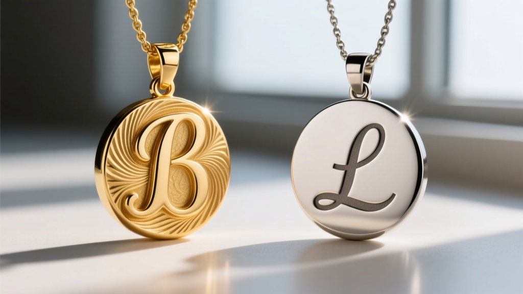 Side-by-side macro view of a deeply hand-engraved 18k gold initial pendant and a shallow laser-etched steel initial pendant.
