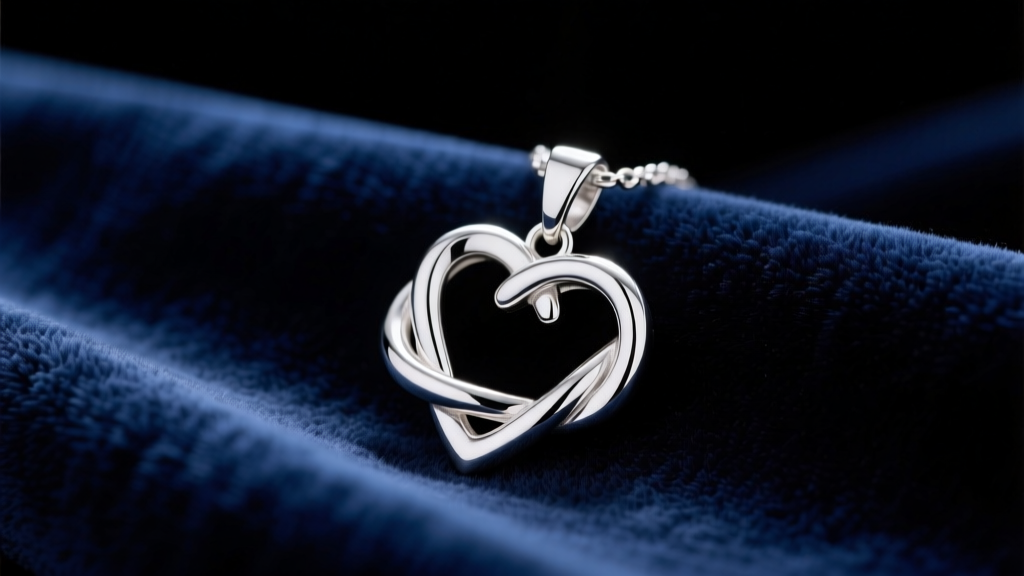 Close-up of a sterling silver love knot pendant resting on dark navy velvet, illuminated by soft directional studio lighting
