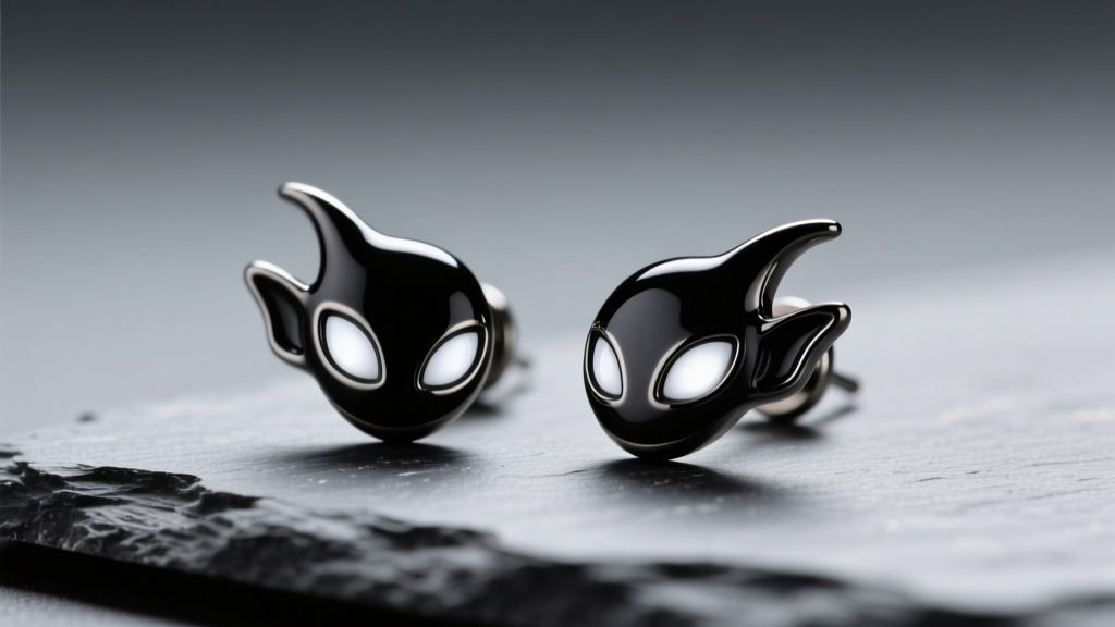 Close-up of black enamel soot sprite stud earrings on a textured slate surface, soft studio lighting highlighting their white eyes.
