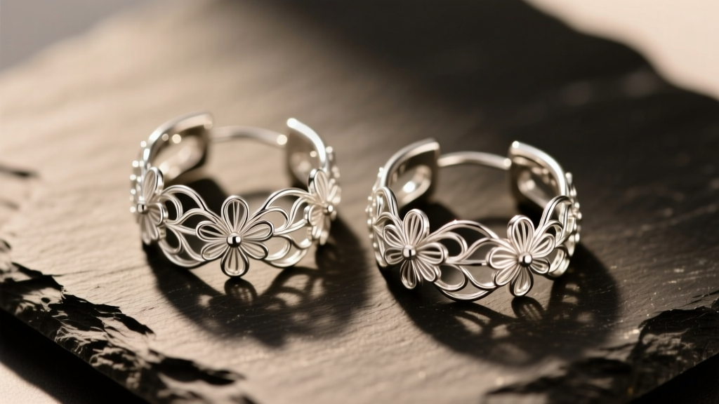 Close-up of 925 sterling silver filigree hoop earrings on dark slate, highlighting delicate floral wirework and high-polish edges.