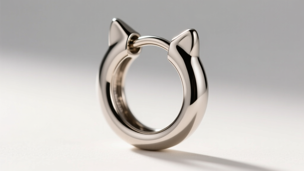 Macro view of a titanium cat huggie hoop earring showing the seamless hinge mechanism and a polished hypoallergenic metal finish
