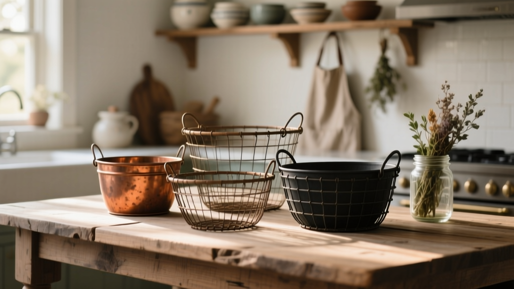 Vintage Wire Baskets for Farmhouse Kitchen Decor