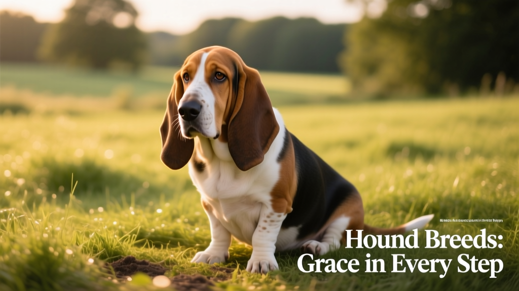 A relaxed Basset Hound sitting on grass, ears draped low, nose gently touching the ground