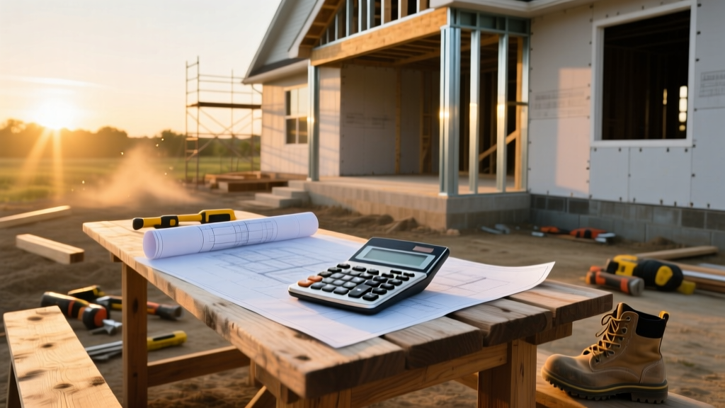 Blueprints and a financial calculator on a wooden table overlooking an Indiana suburban home construction site at sunrise