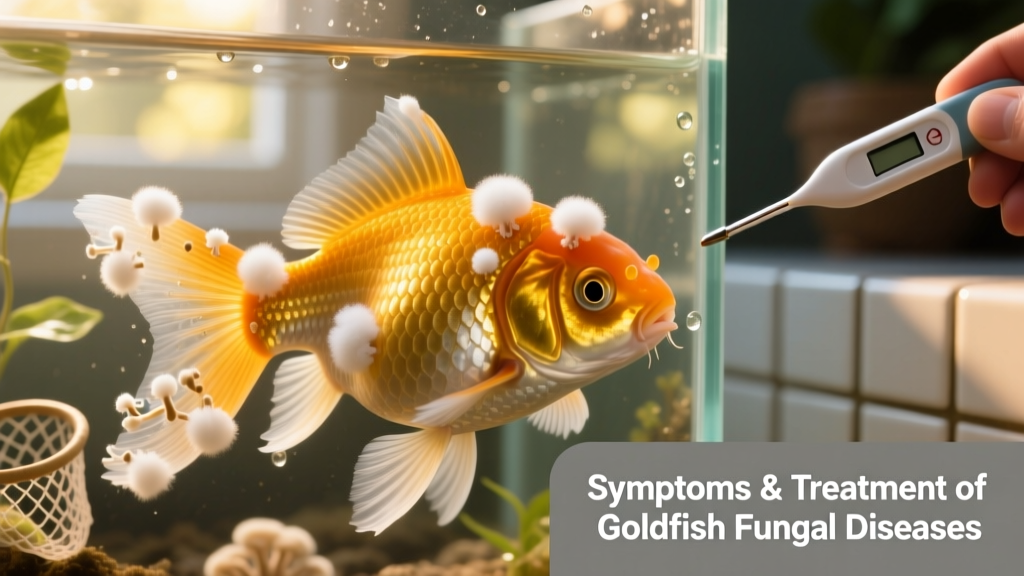 Close-up of a goldfish with white, cotton-like growths on its fins and body