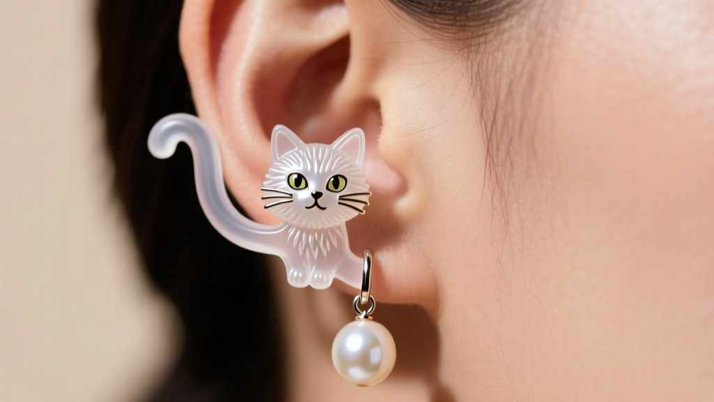 Profile of an ear wearing a clear silicone jumbo friction back to support a heavy novelty feline and pearl drop earring securely.