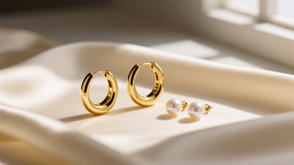 Gold vermeil hoops and pearl studs on cream silk, soft window light, high-end editorial jewelry flat lay photography