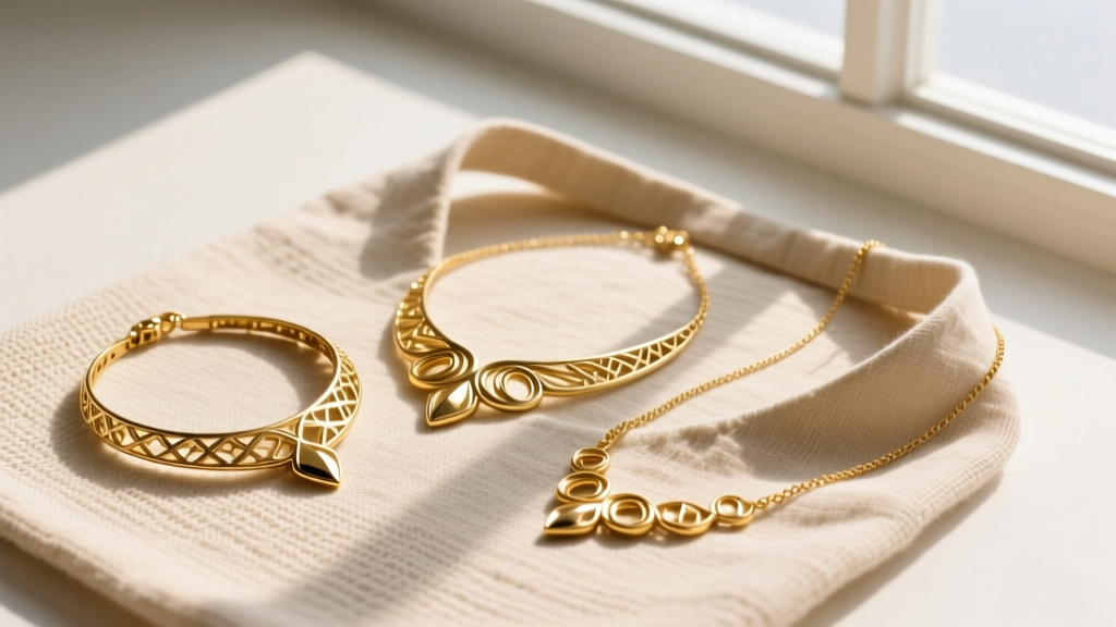 Top-down flat lay of three gold necklaces next to fabric neckline cutouts on beige linen, bright window lighting, sharp focus