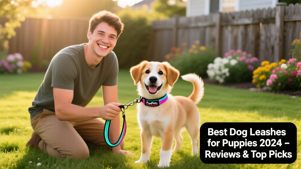 A happy owner kneeling beside their smiling puppy, both looking toward the camera while holding a FurPetVo leash with matching collar—sunlit backyard setting