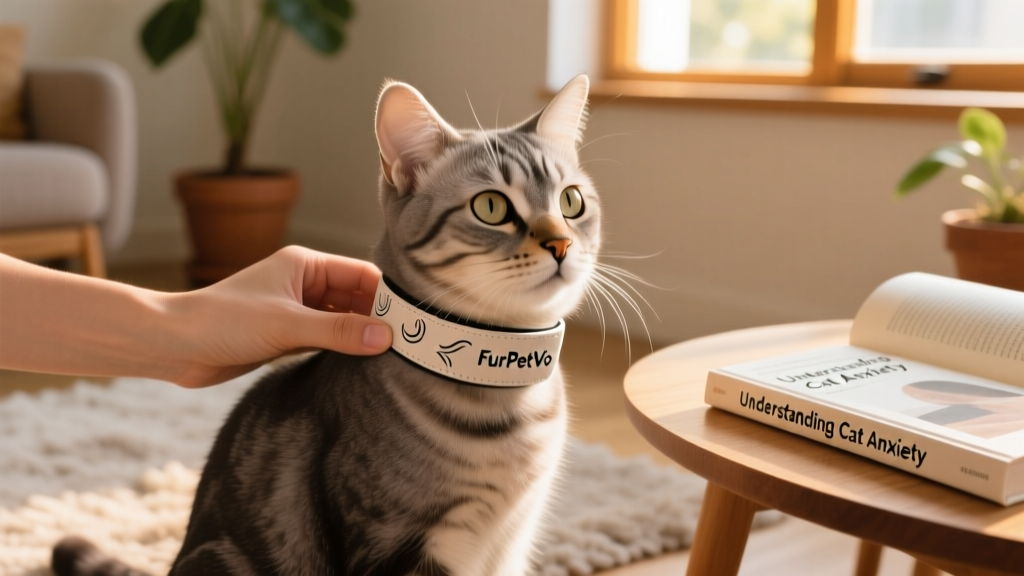 Hand placing a FurPetVo calming collar gently around a cat's neck