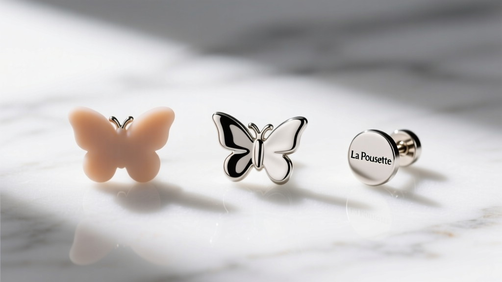 Close-up comparison of silicone, butterfly, and La Pousette earring backs for studs arranged neatly on a white marble surface.