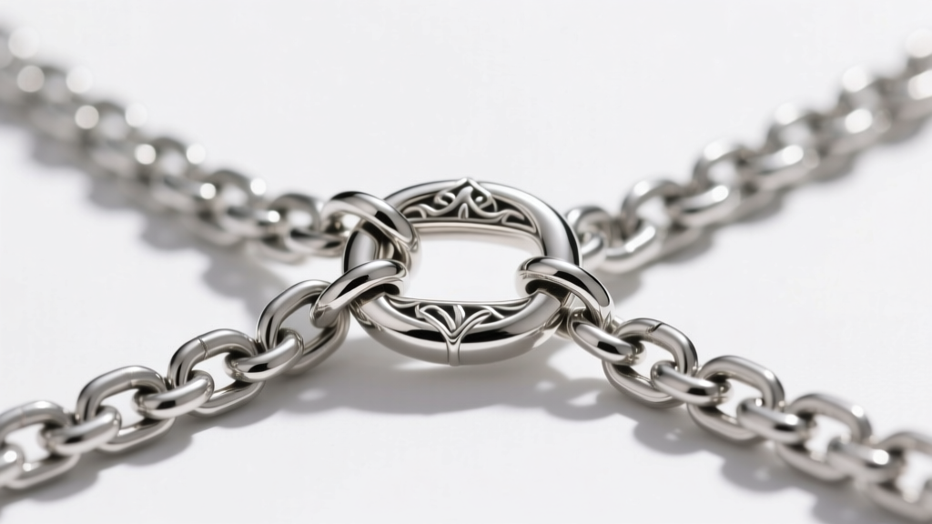 Close-up of a heavy sterling silver pendant with a large bail sliding freely along a thick 24-inch stainless steel curb chain