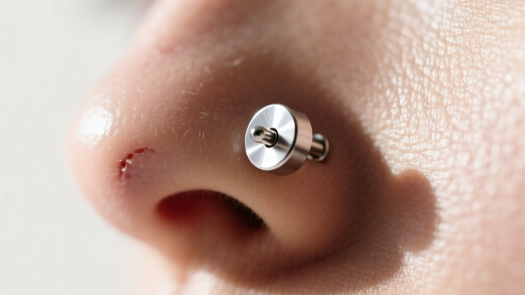 Macro photography of an 18-gauge titanium flat-back nostril stud sitting flush against a healed piercing without skin indentation