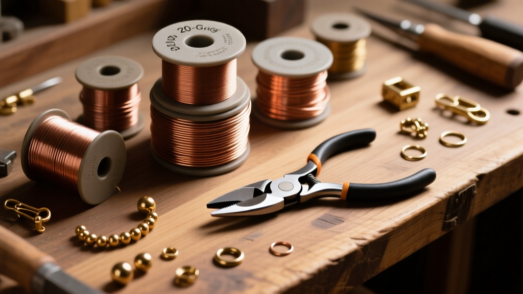 Overhead view of a wooden workbench with 20-gauge copper wire spools, brass findings, and flush cutters under warm studio lighting