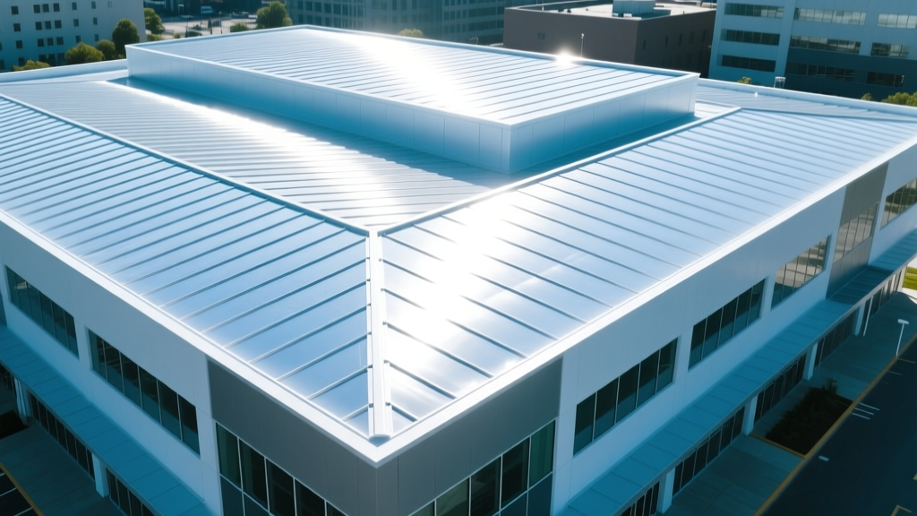 Aerial view of commercial building with bright white TPO and standing seam metal reflective roofing materials under summer sun