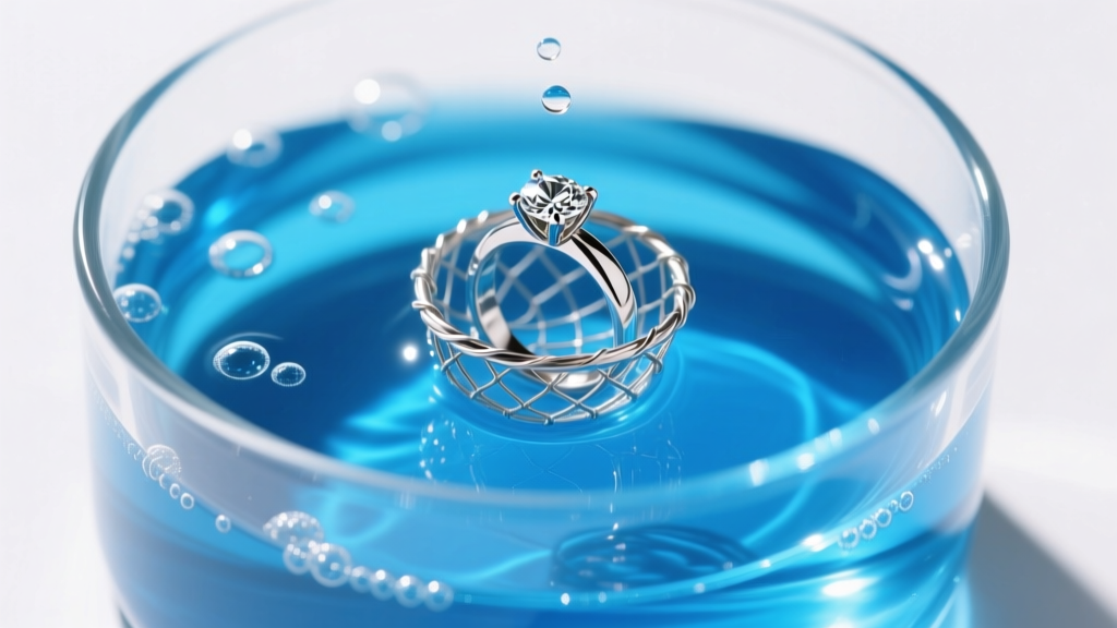 Close-up of an ultrasonic tank with blue Flitz fluid, showing a platinum diamond ring resting in a suspended wire mesh basket.