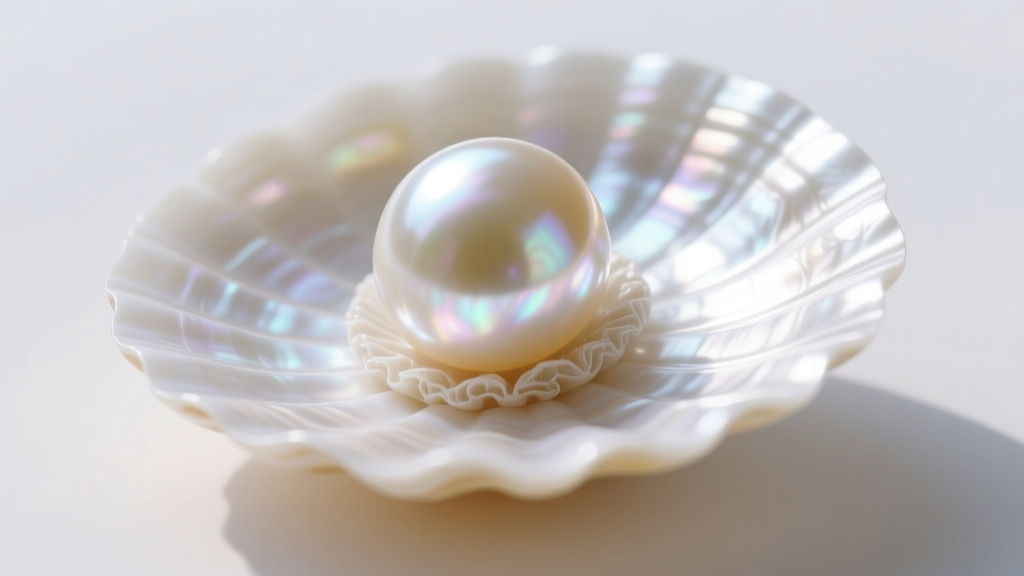 Sketch of an Akoya pearl cross-section showing the central shell bead nucleus surrounded by thin concentric layers of white nacre.