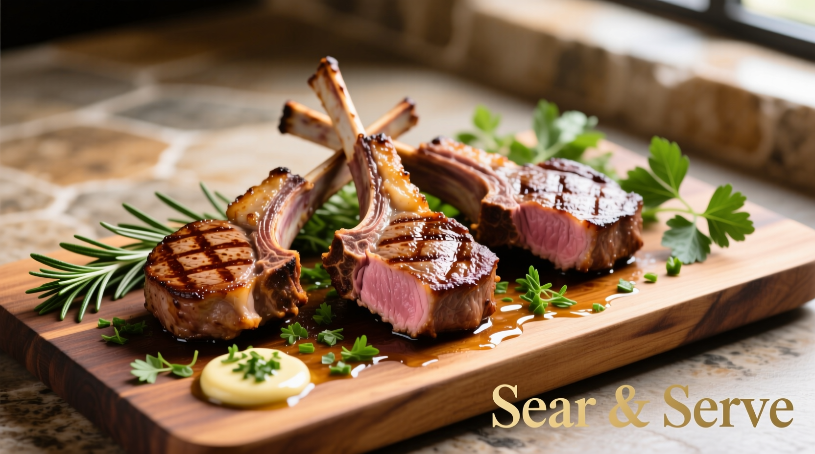 Perfectly seared lamb chops with herb garnish