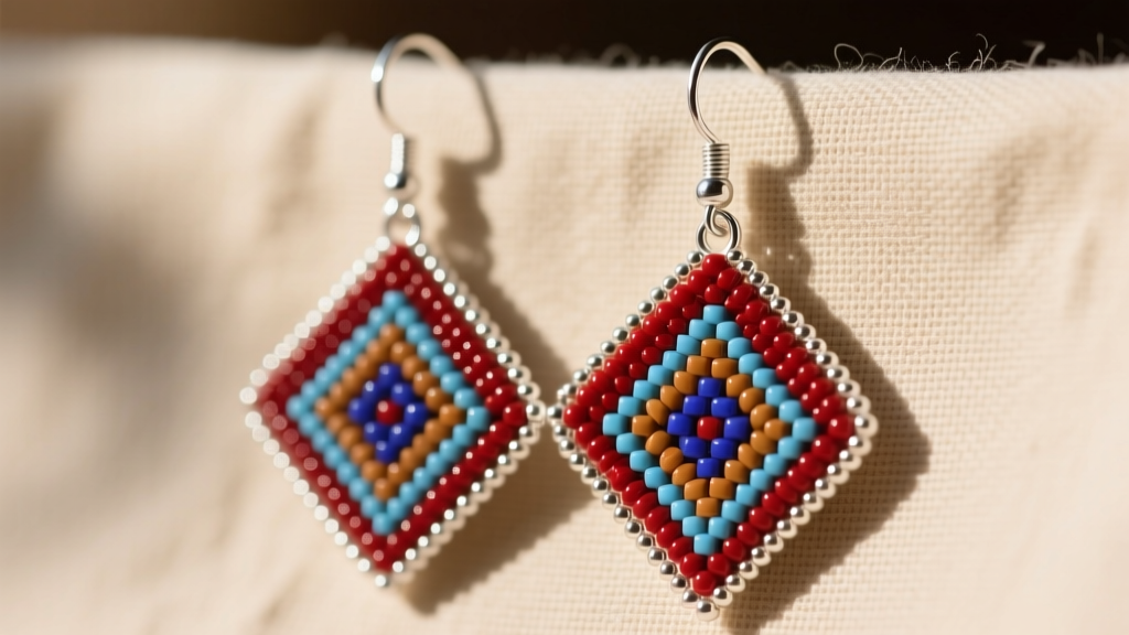 Native American beaded drop earrings on sterling silver French hooks, showcasing clean picot edge beadwork finishing techniques
