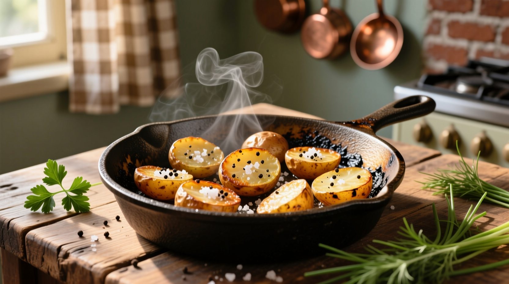 Golden brown breakfast potatoes in cast iron skillet