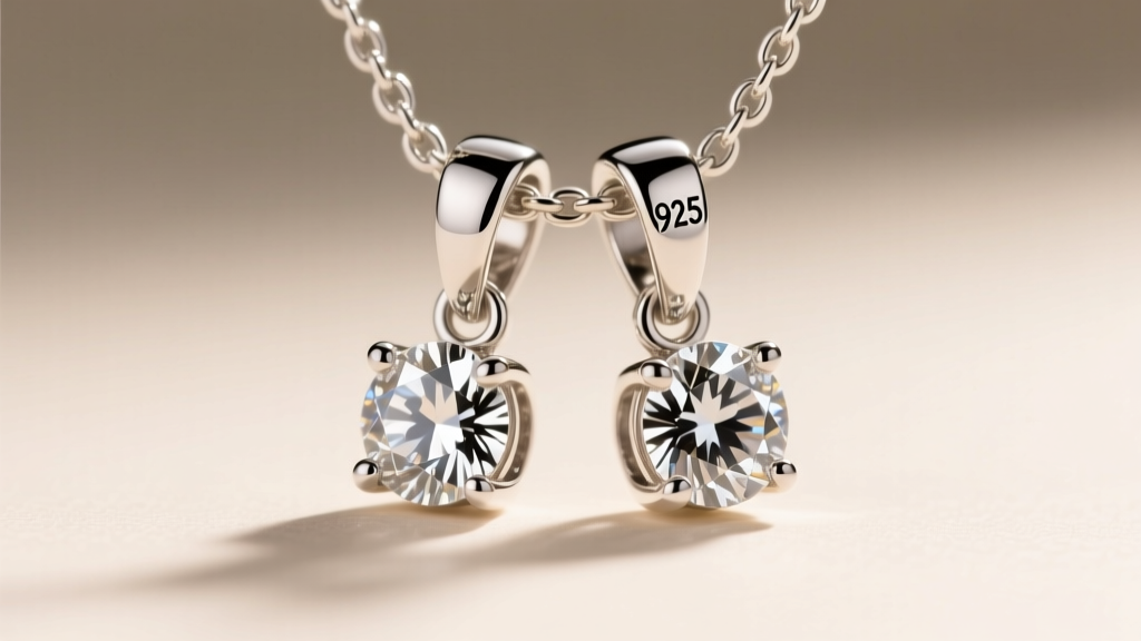 Macro shot of a 925 sterling silver twin pendant necklace with prong-set lab diamonds showing the hallmark stamp on the jump ring