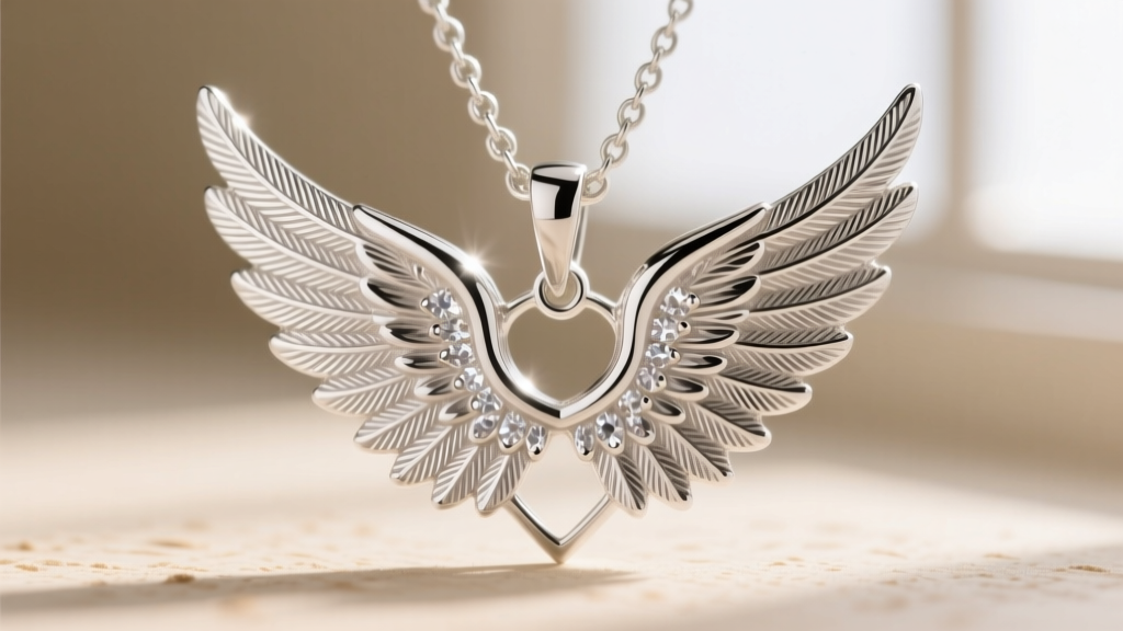 Macro photography showing intricate feather barb details on a die-struck silver angel wing pendant with a bright rhodium finish.