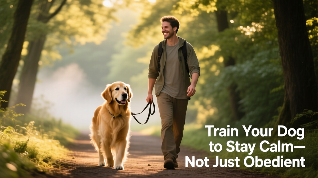 A relaxed dog walking confidently beside their owner on a tree-lined path, leash dangling loosely—no tension, no pulling