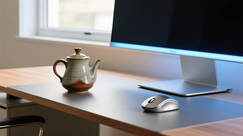 A sleek modern home office desk featuring a Japanese ceramic coffee maker, an ergonomic trackball mouse, and a glowing smart monitor light bar.