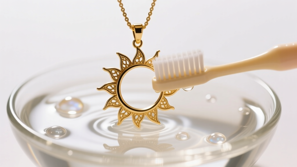Soft-bristled baby toothbrush gently cleaning the delicate rays of a gold vermeil half sun pendant submerged in mild soapy water.