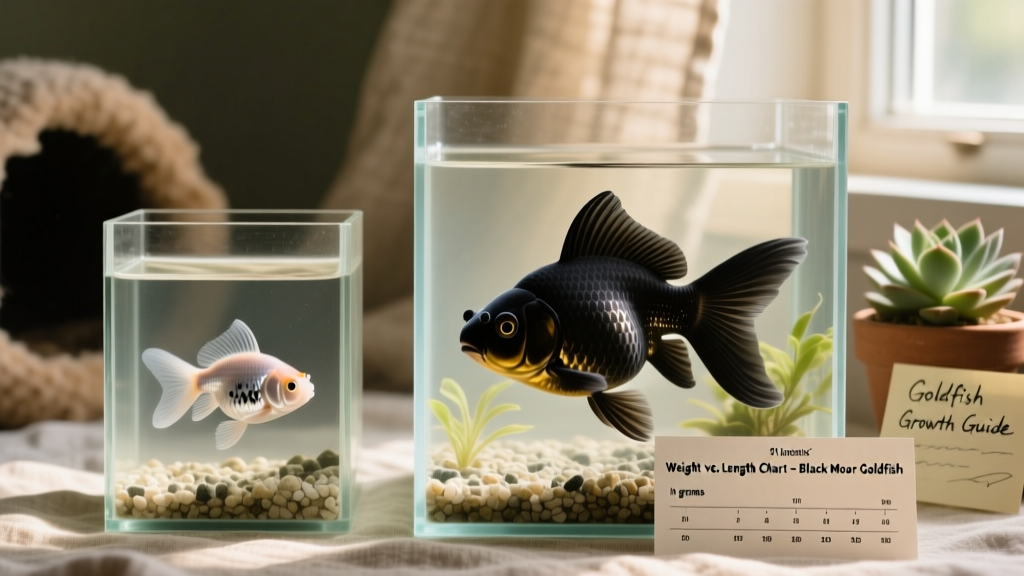 Side-by-side comparison showing a juvenile Black Moor (under 2 inches) next to a mature adult (nearly 8 inches) in separate tanks