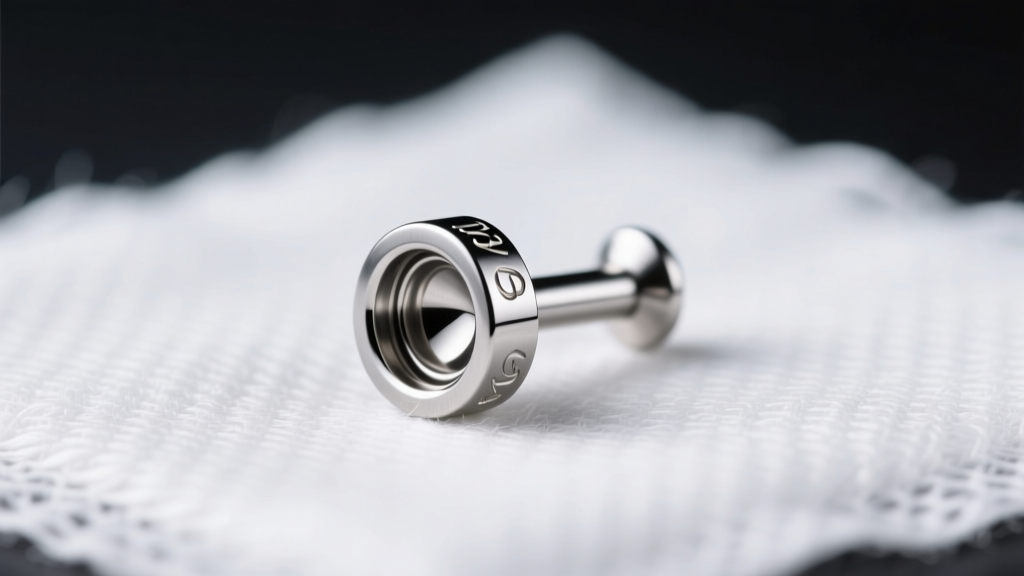 Macro photo of 16-gauge titanium flat back labret stud on sterile gauze, bright clinical lighting, polished metal finish