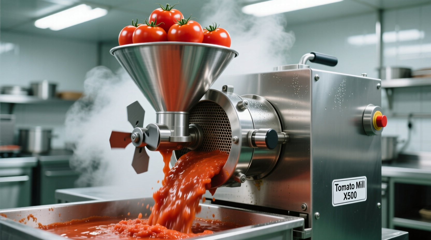 Tomato milling equipment showing food mill with fresh tomatoes