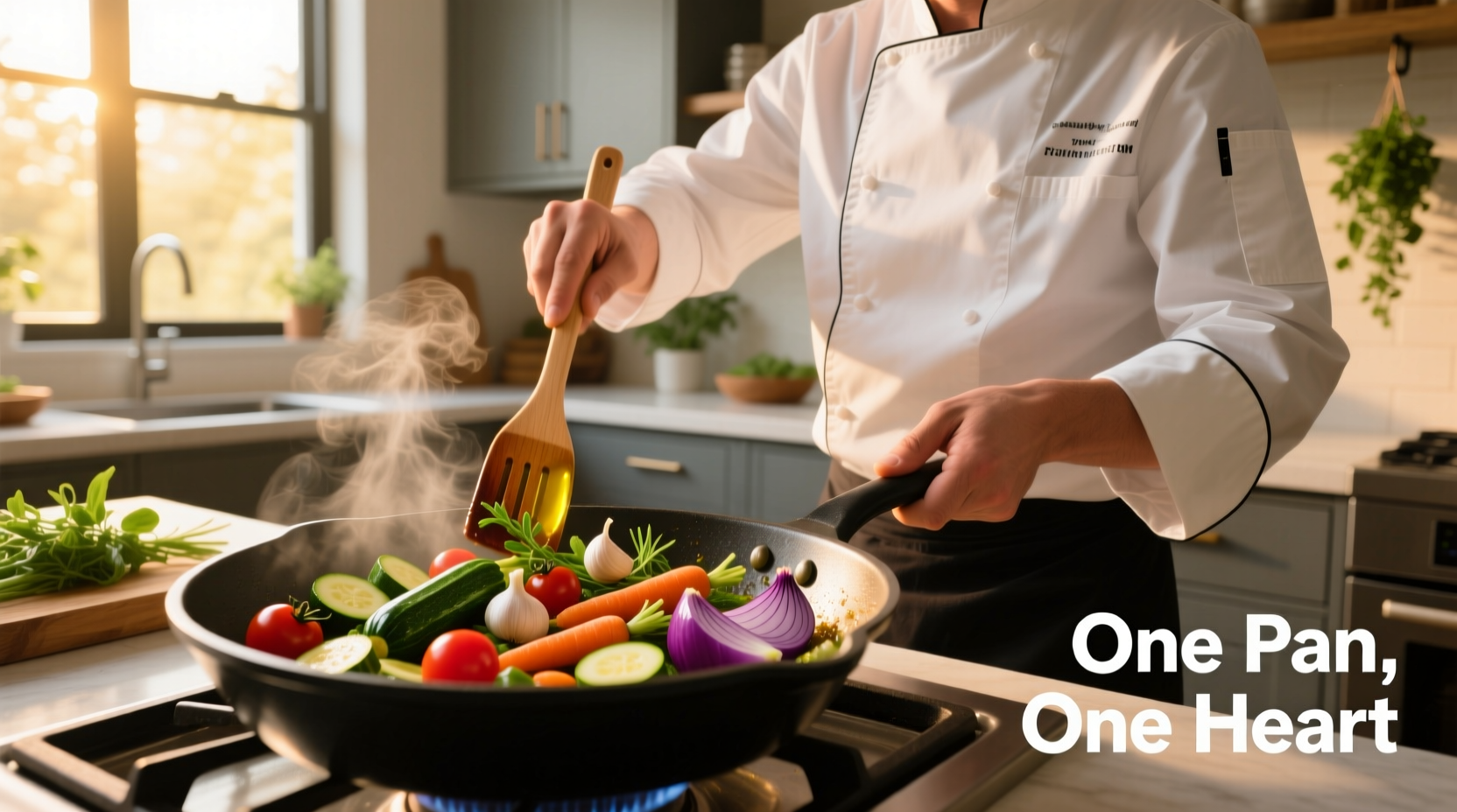 Chef preparing a simple one-pan meal with fresh vegetables