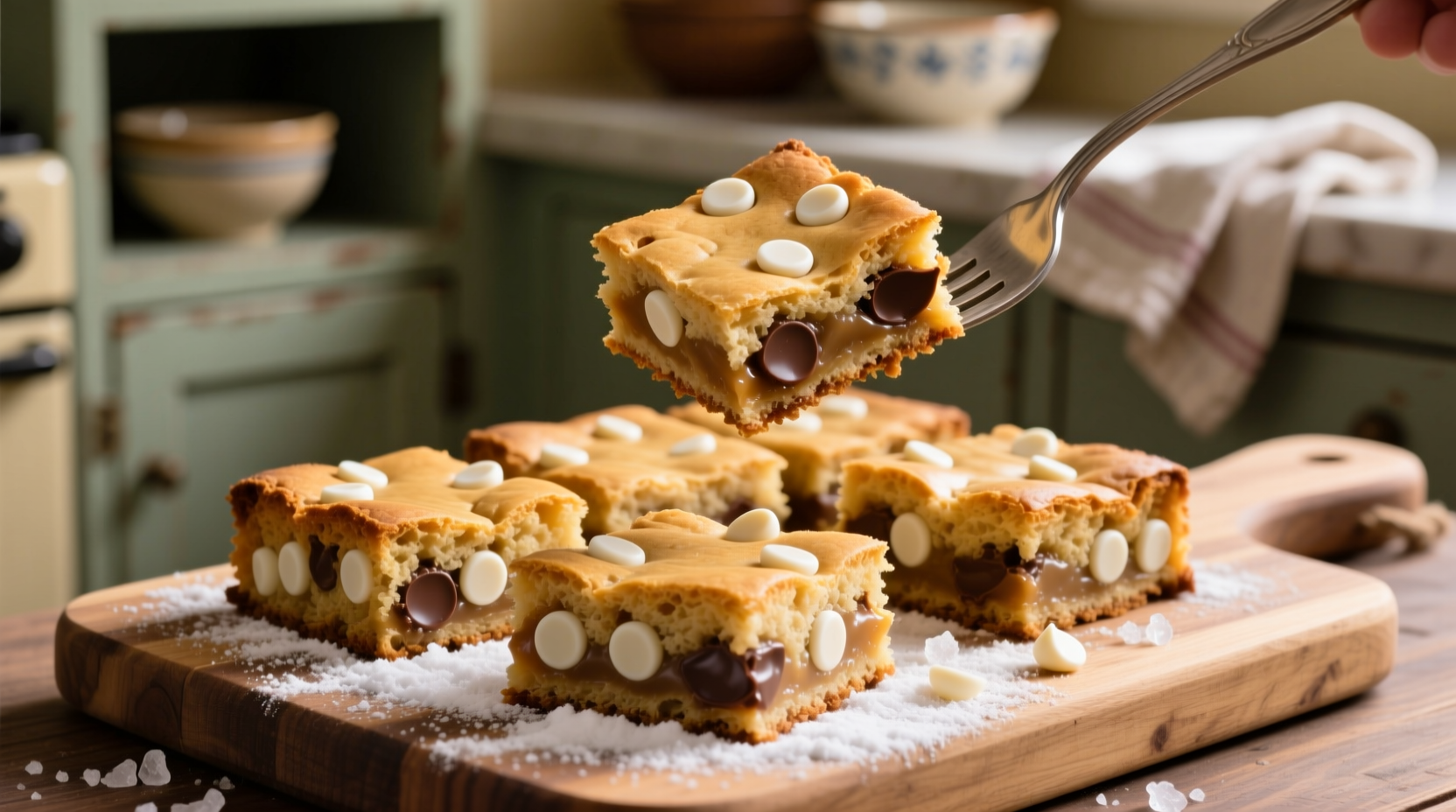 Golden blondie squares with white chocolate chips