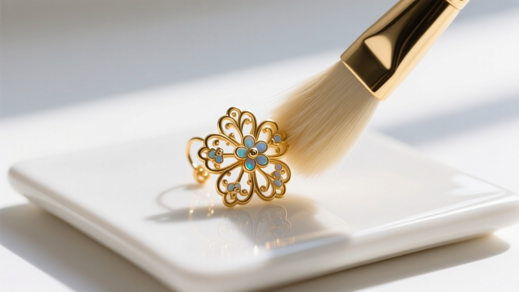 Soft-bristled brush gently dusting a delicate vintage gold-tone floral earring on a clean white ceramic tile under bright daylight.