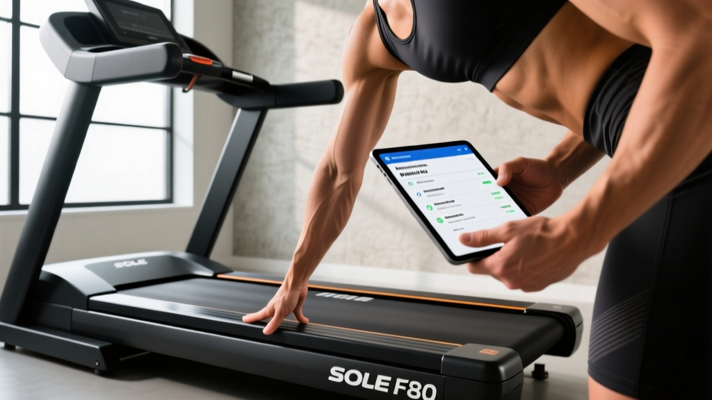 Fitness enthusiast performing a belt deflection test on a Sole F80 treadmill while referencing a digital maintenance checklist on a tablet