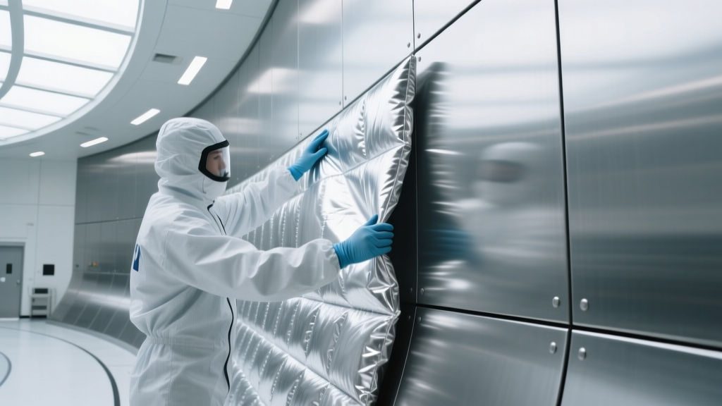 Technician in cleanroom suit applying silver-backed aerogel insulation blanket to curved steel wall of aerospace testing facility