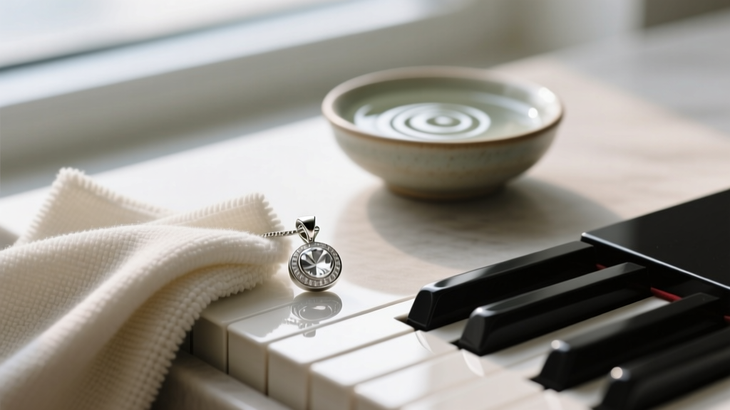 Microfiber cloth gently wiping the surface of a sterling silver piano keys pendant, with a small bowl of mild soapy water nearby.