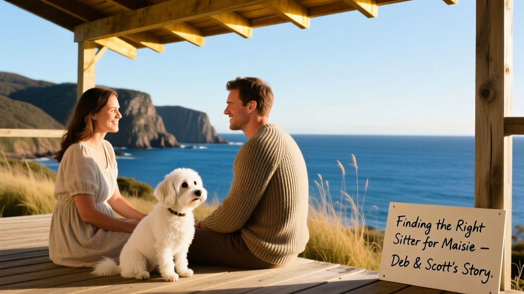Maisie, a small white therapy dog, sitting calmly beside Deb and Scott on a sunlit porch overlooking the Tasmanian coast