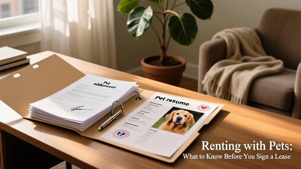 A neatly organized folder containing a signed pet addendum, vaccination records, and a pet resume