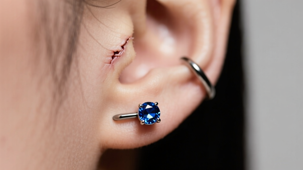 Healed cartilage piercing showing a 16-gauge titanium threadless helix earring with a bezel sapphire under soft studio lighting.